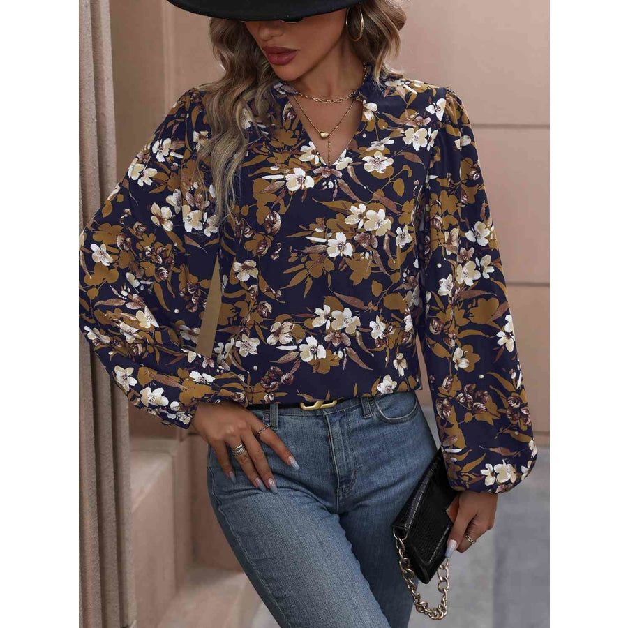 Floral Notched Balloon Sleeve Blouse