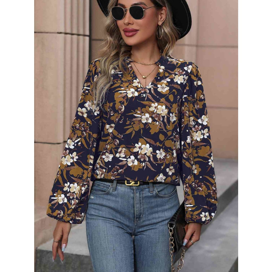 Floral Notched Balloon Sleeve Blouse