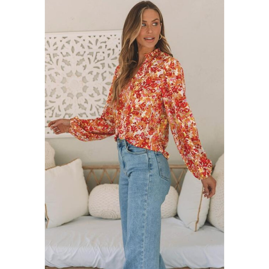 Floral Notched Balloon Sleeve Blouse