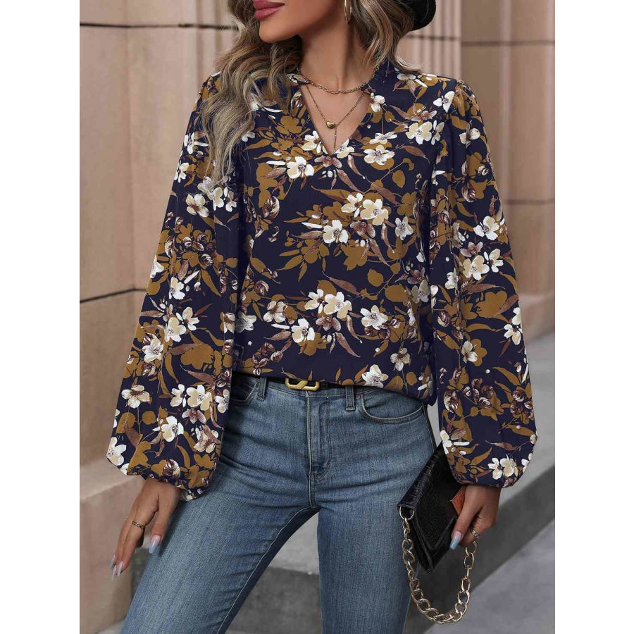 Floral Notched Balloon Sleeve Blouse