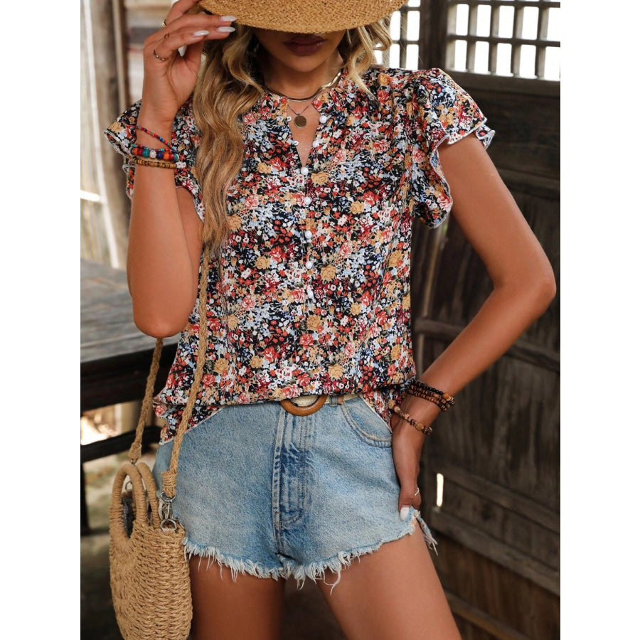 Floral Notched Cap Sleeve Blouse Apparel and Accessories