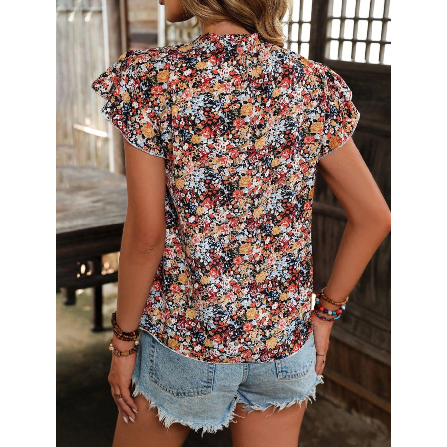 Floral Notched Cap Sleeve Blouse Apparel and Accessories