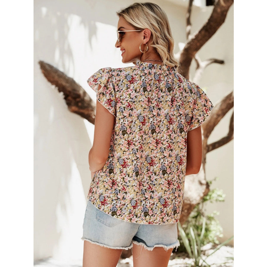 Floral Notched Cap Sleeve Blouse Apparel and Accessories