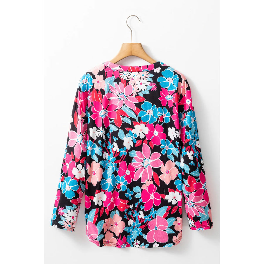 Floral Notched Long Sleeve Blouse Apparel and Accessories