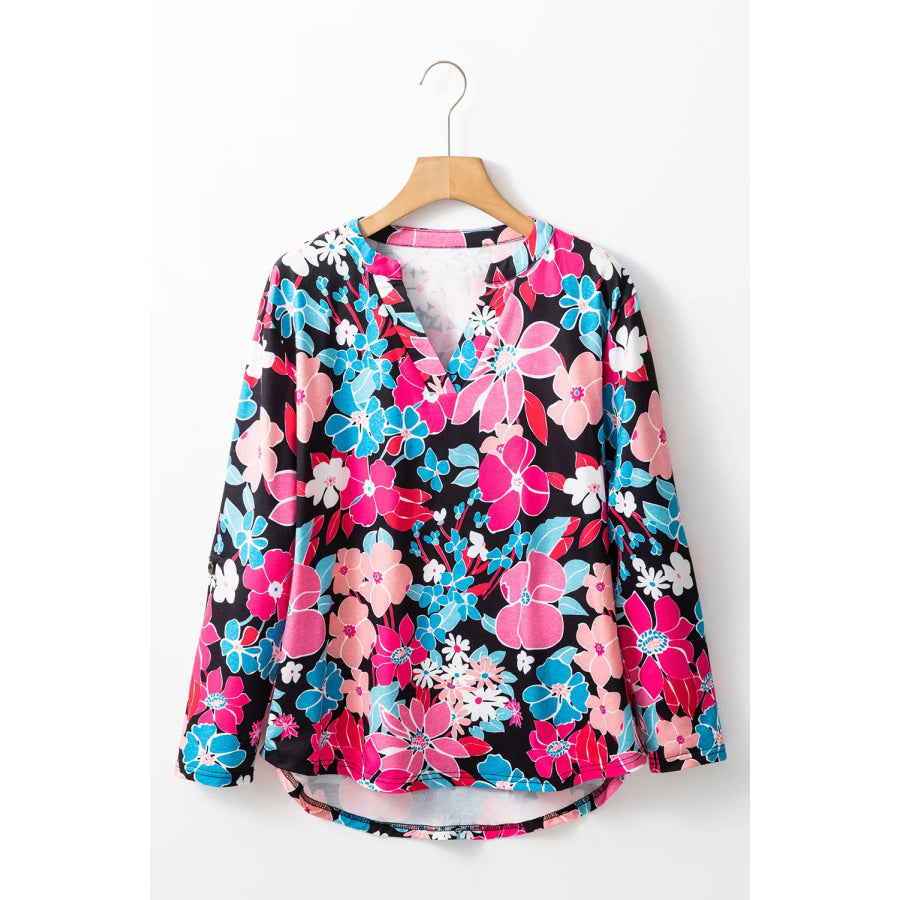 Floral Notched Long Sleeve Blouse Apparel and Accessories