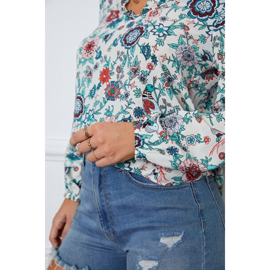 Floral Notched Long Sleeve Blouse Clothing