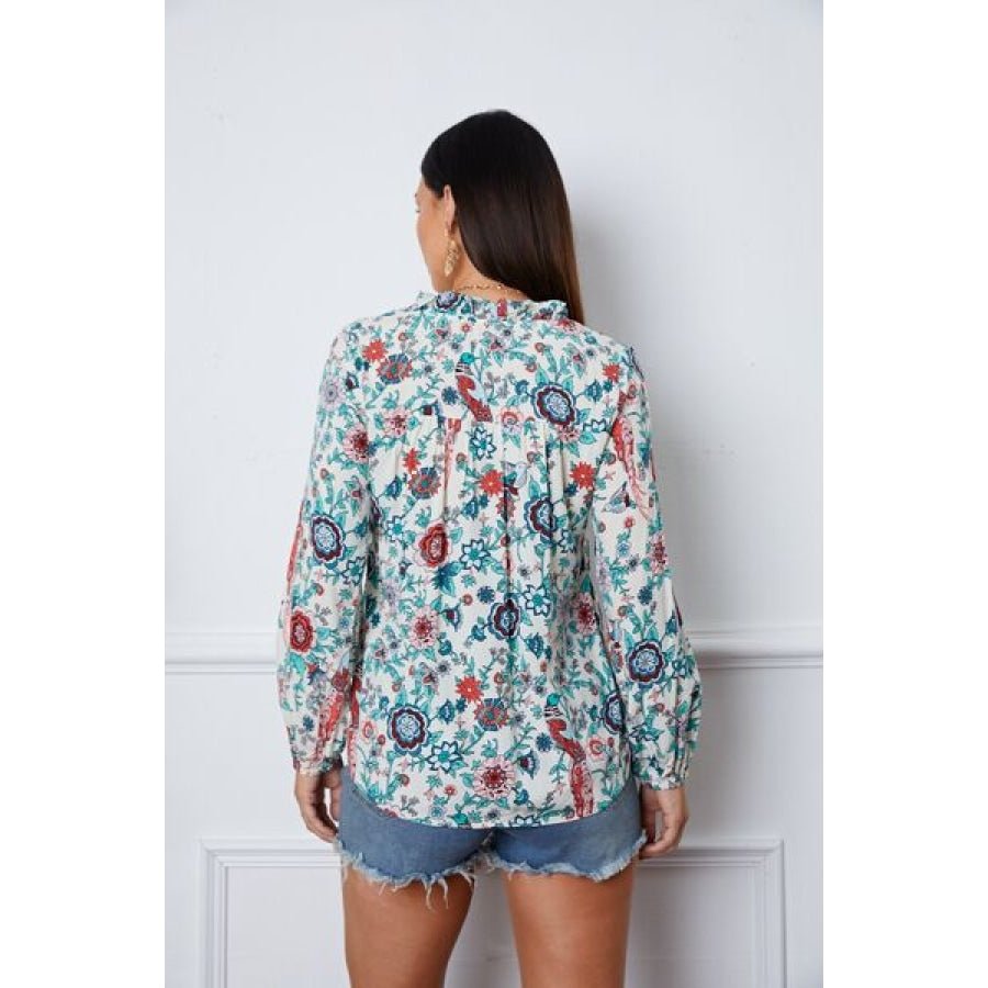 Floral Notched Long Sleeve Blouse Multicolor / S Clothing