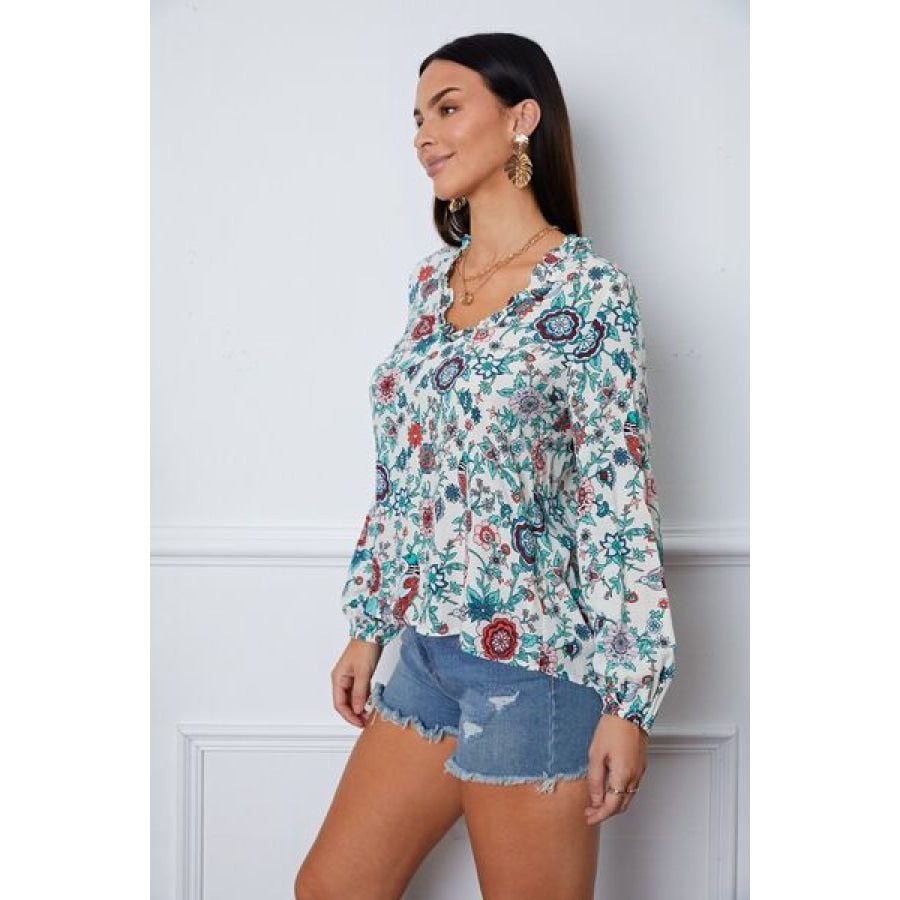 Floral Notched Long Sleeve Blouse Clothing