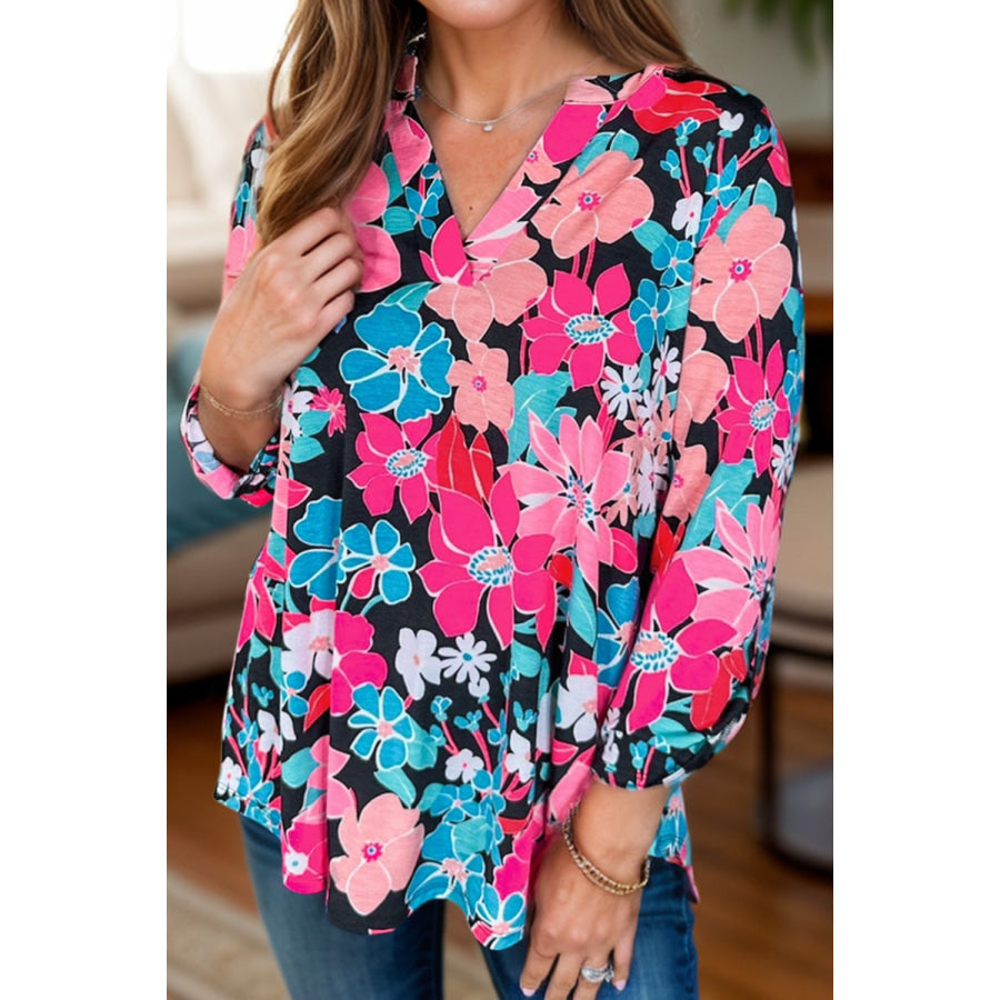 Floral Notched Long Sleeve Blouse Floral / S Apparel and Accessories