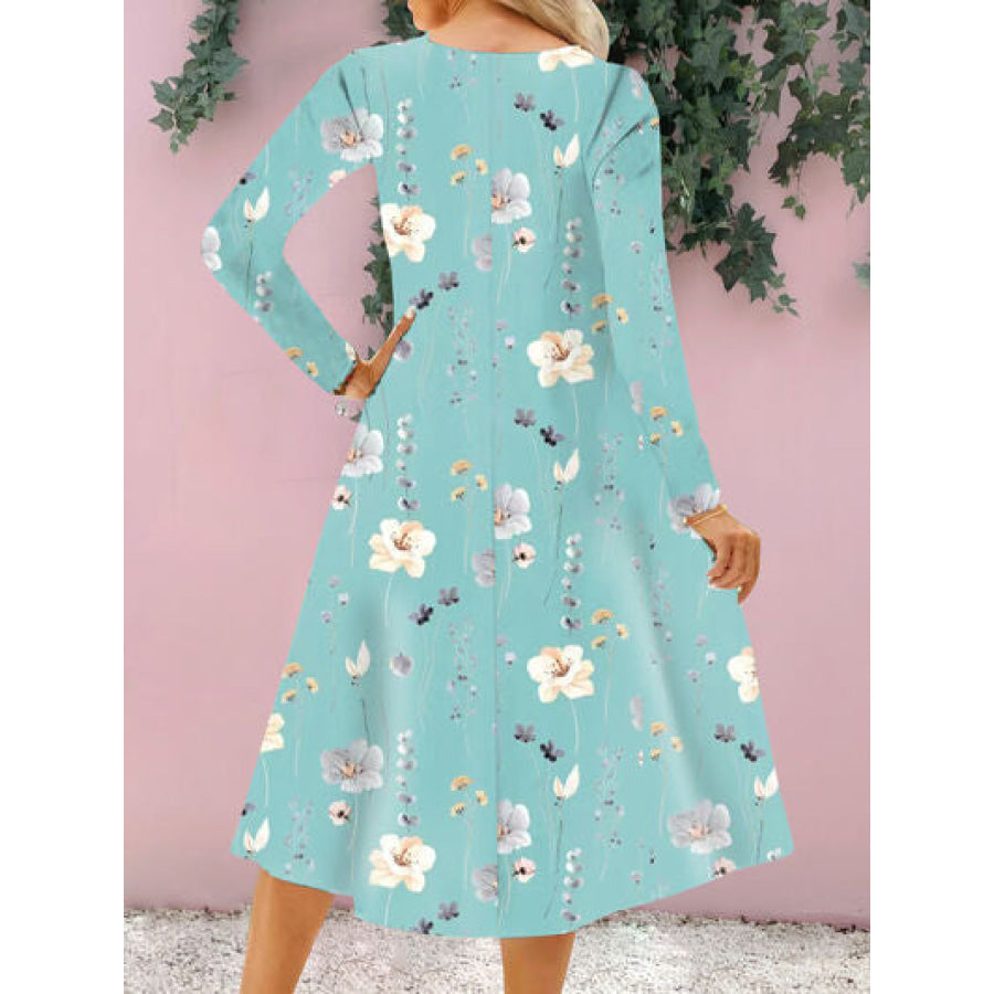 Floral Notched Long Sleeve Midi Dress Apparel and Accessories