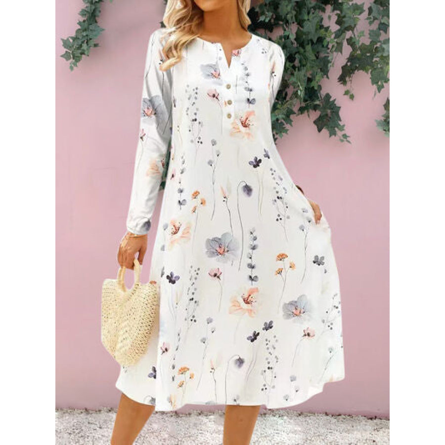 Floral Notched Long Sleeve Midi Dress Apparel and Accessories