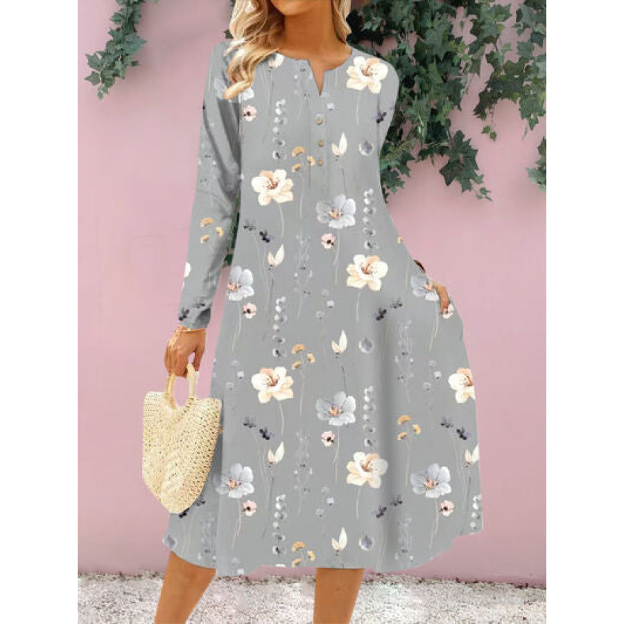 Floral Notched Long Sleeve Midi Dress Apparel and Accessories