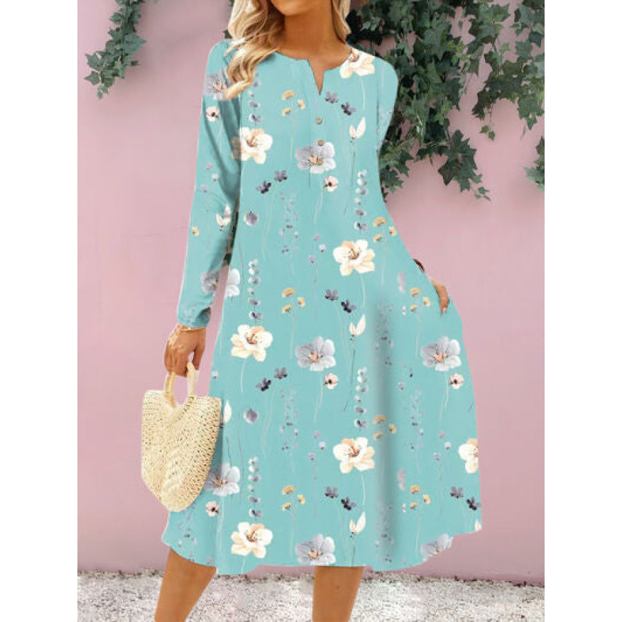 Floral Notched Long Sleeve Midi Dress Apparel and Accessories