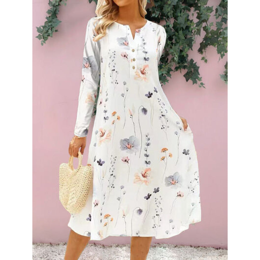 Floral Notched Long Sleeve Midi Dress Apparel and Accessories