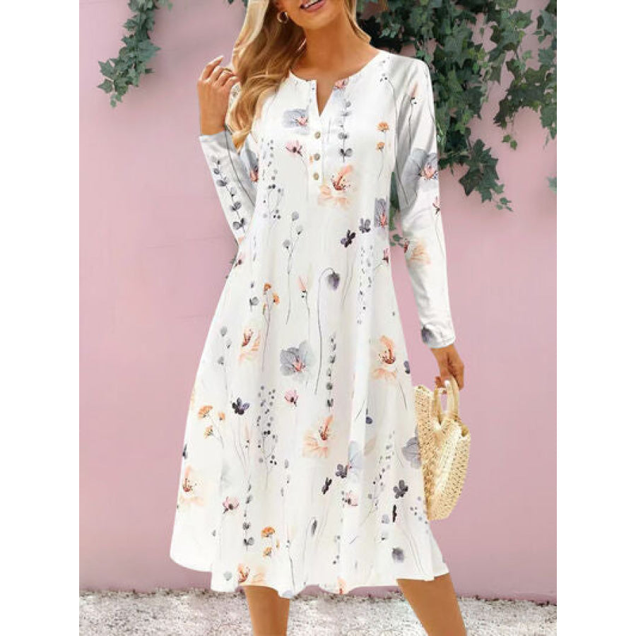 Floral Notched Long Sleeve Midi Dress Apparel and Accessories