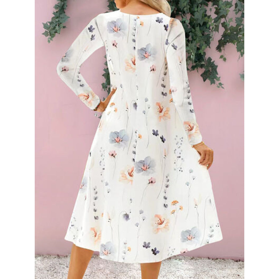 Floral Notched Long Sleeve Midi Dress Apparel and Accessories