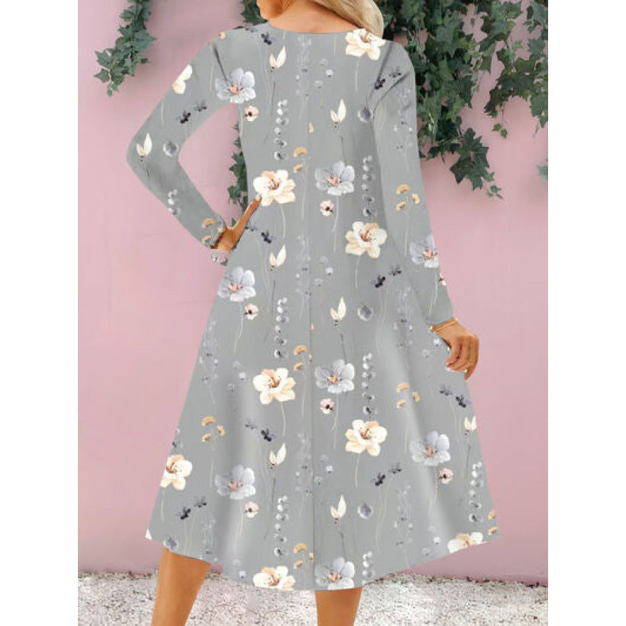 Floral Notched Long Sleeve Midi Dress Apparel and Accessories