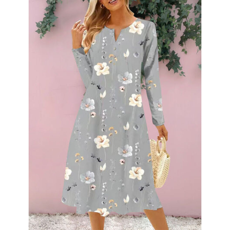 Floral Notched Long Sleeve Midi Dress Charcoal / S Apparel and Accessories