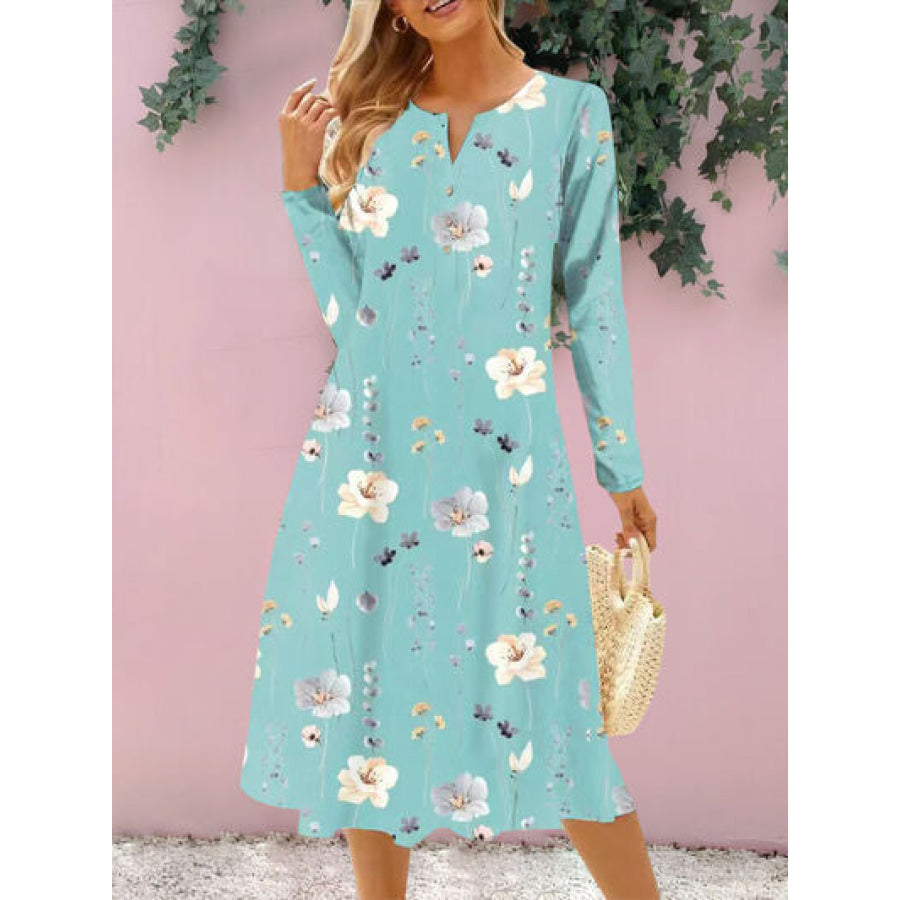 Floral Notched Long Sleeve Midi Dress Pastel Blue / S Apparel and Accessories