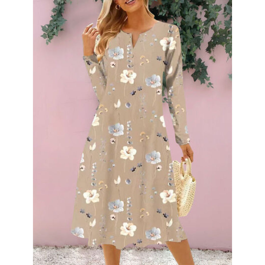 Floral Notched Long Sleeve Midi Dress Tan / S Apparel and Accessories