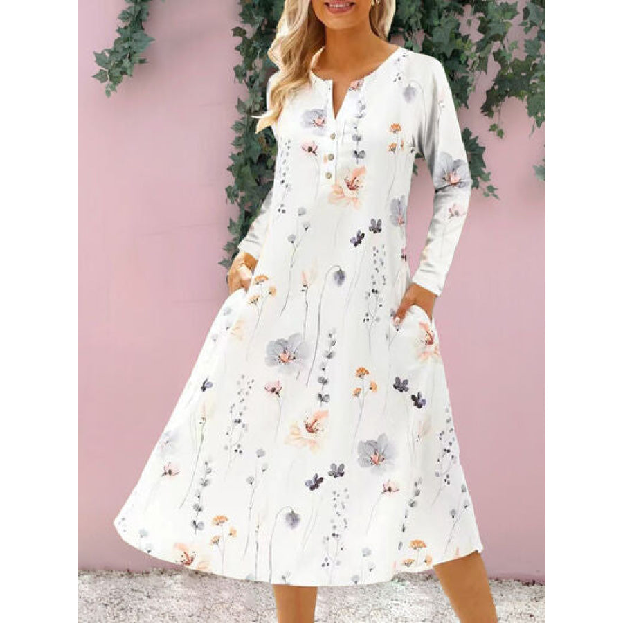 Floral Notched Long Sleeve Midi Dress White / S Apparel and Accessories