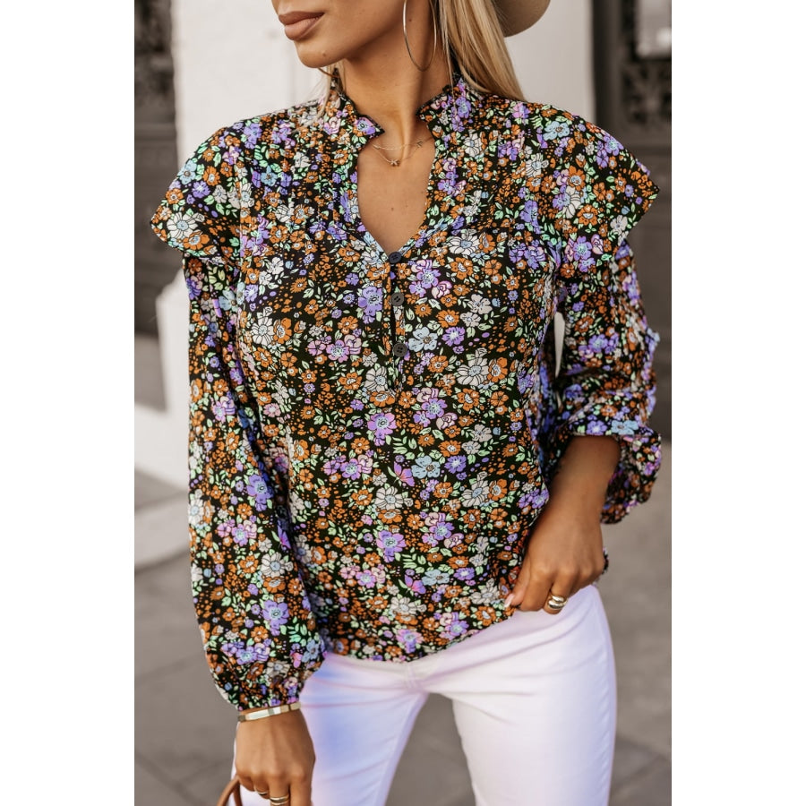 Floral Notched Neck Blouse Black / S