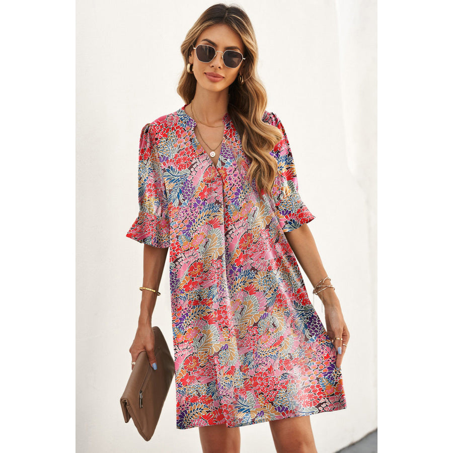 Floral Notched Neck Flounce Sleeve Shift Dress Multicolor / S