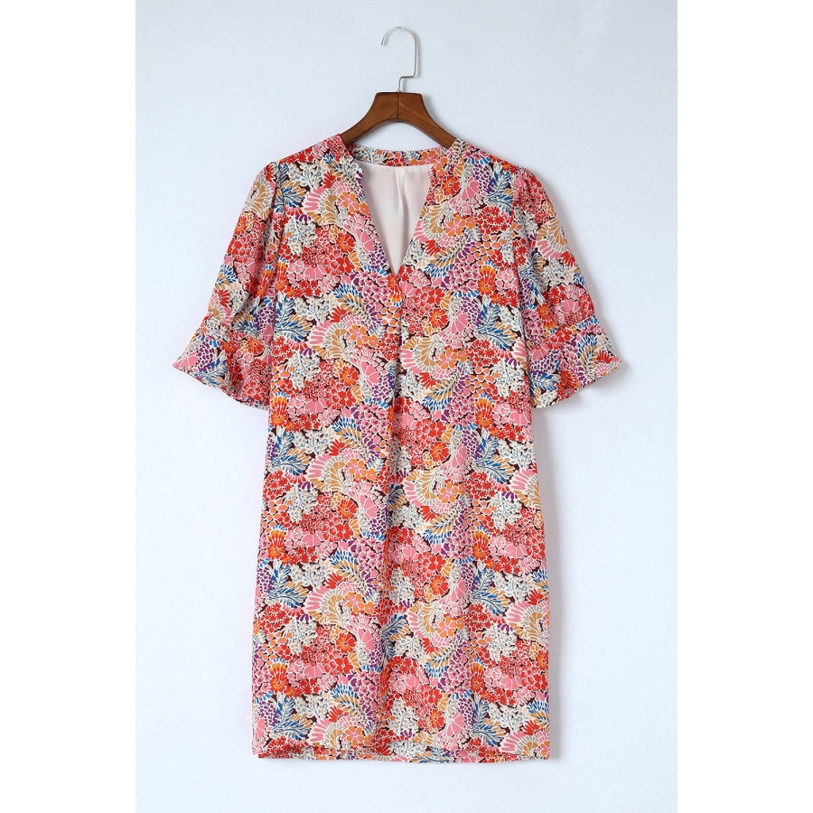 Floral Notched Neck Flounce Sleeve Shift Dress