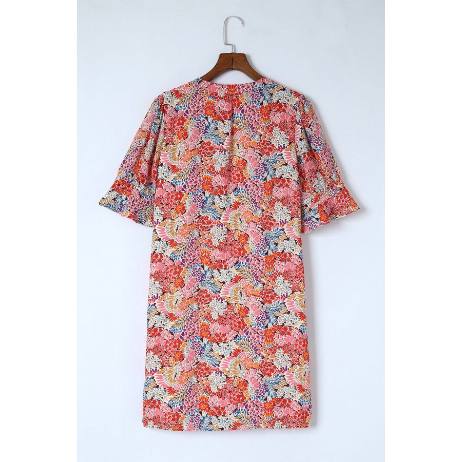 Floral Notched Neck Flounce Sleeve Shift Dress Multicolor / S