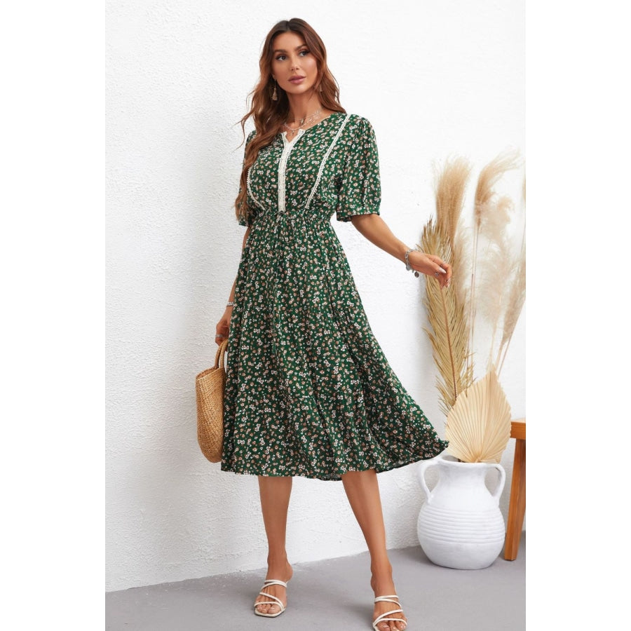 Floral Notched Neck Lace Trim Midi Dress Forest / S