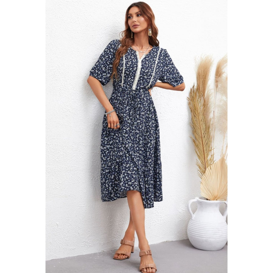 Floral Notched Neck Lace Trim Midi Dress Navy / S