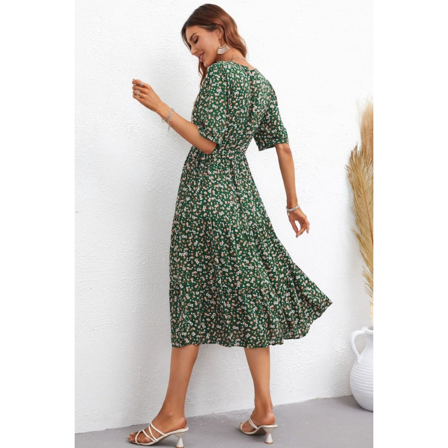 Floral Notched Neck Lace Trim Midi Dress