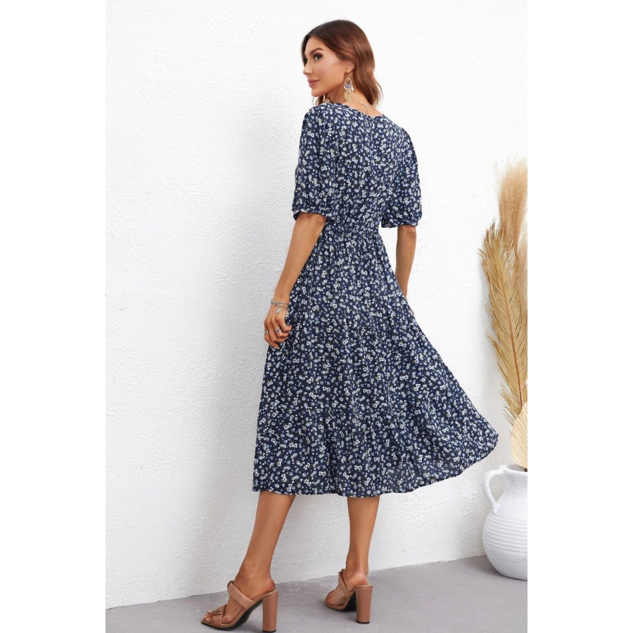 Floral Notched Neck Lace Trim Midi Dress