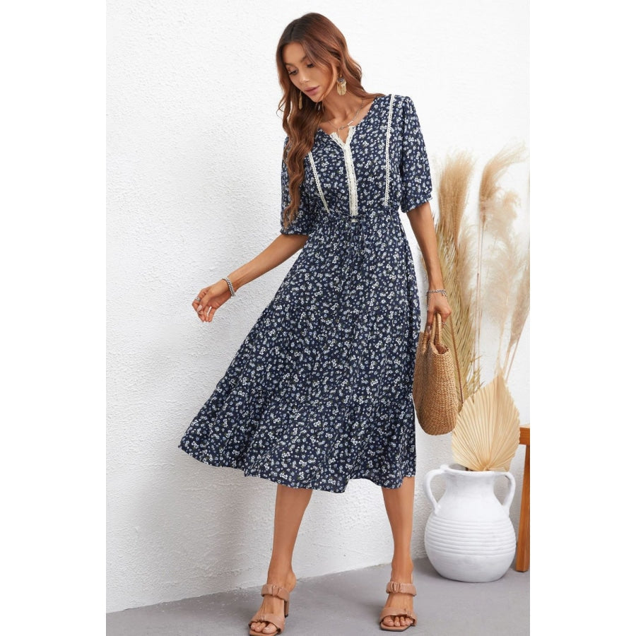 Floral Notched Neck Lace Trim Midi Dress