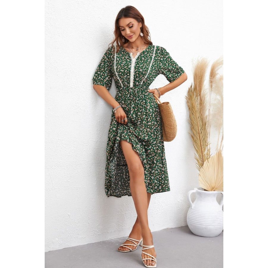 Floral Notched Neck Lace Trim Midi Dress