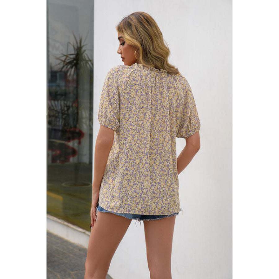 Floral Notched Short Sleeve Blouse Apparel and Accessories