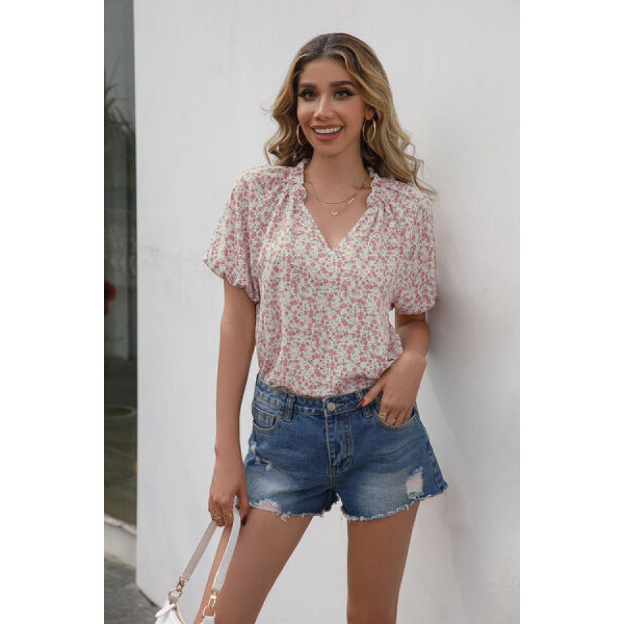 Floral Notched Short Sleeve Blouse Apparel and Accessories