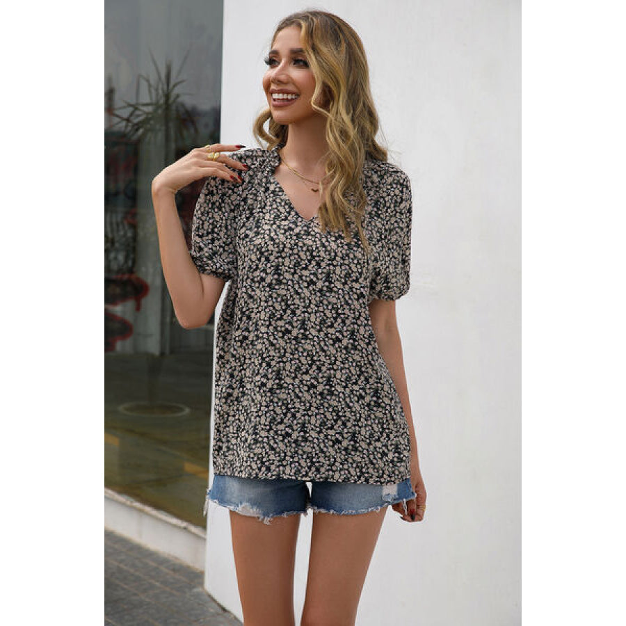 Floral Notched Short Sleeve Blouse Apparel and Accessories