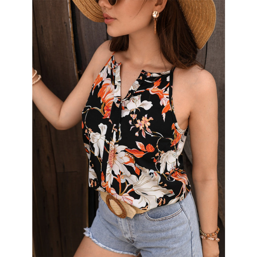 Floral Notched Spaghetti Strap Tank Apparel and Accessories