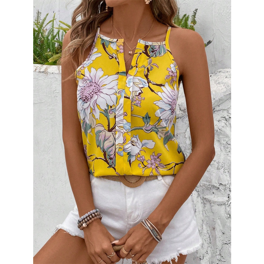 Floral Notched Spaghetti Strap Tank Yellow / S Apparel and Accessories