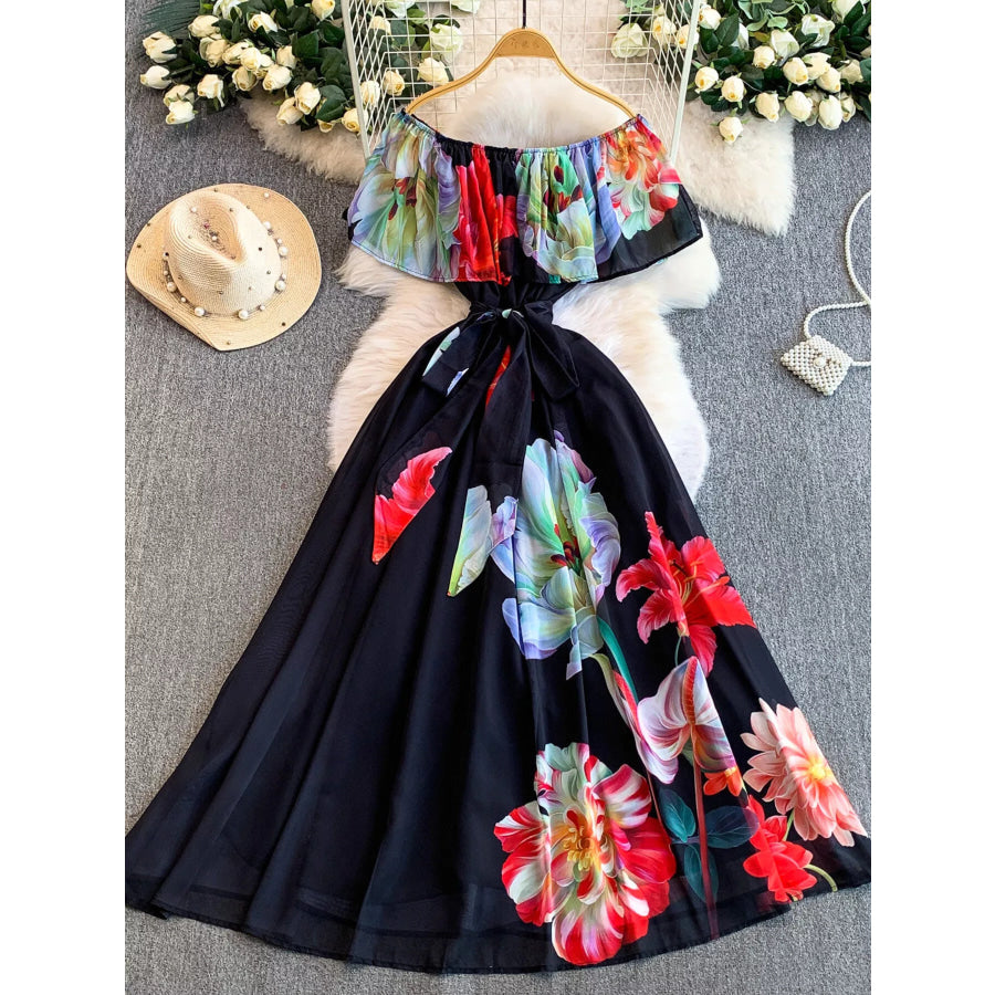 Floral Off-Shoulder A-Line Dress Black / S Apparel and Accessories