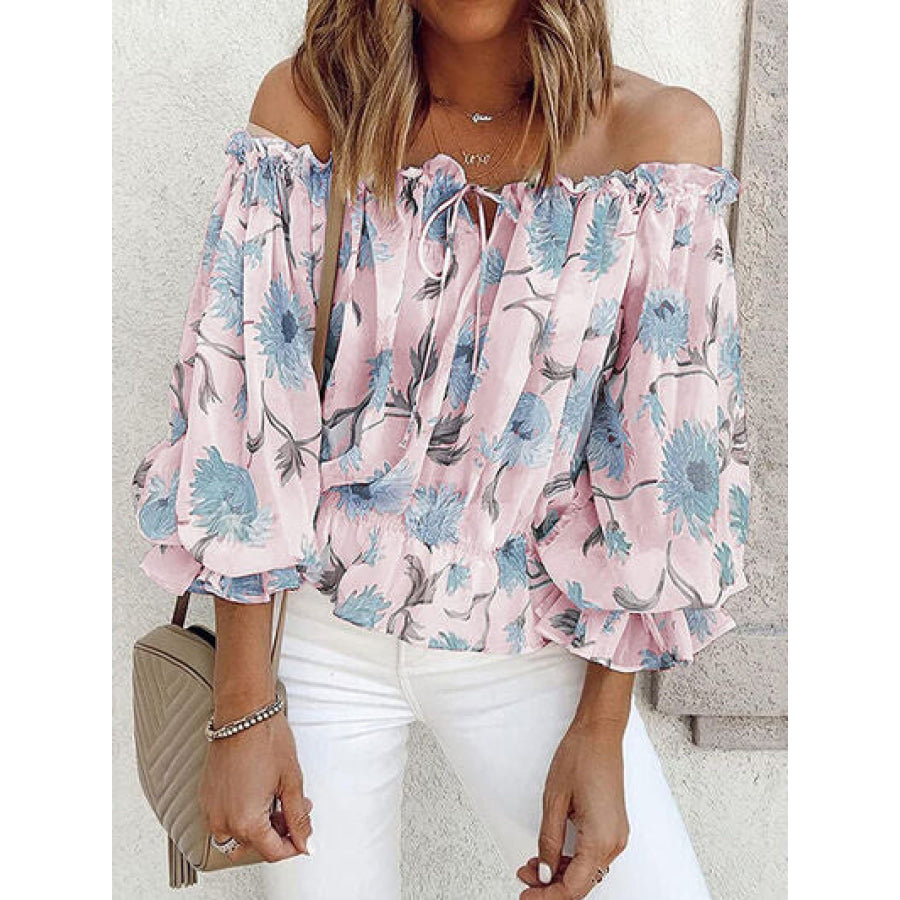 Floral Off - Shoulder Flounce Sleeve Blouse Blush Pink / S Apparel and Accessories