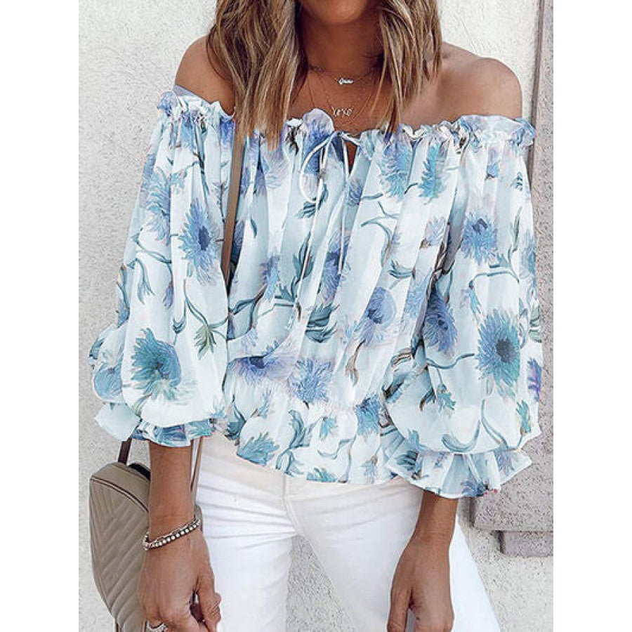 Floral Off - Shoulder Flounce Sleeve Blouse Misty Blue / S Apparel and Accessories