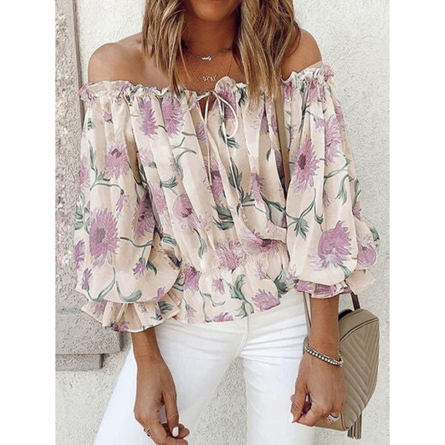 Floral Off - Shoulder Flounce Sleeve Blouse Sand / S Apparel and Accessories