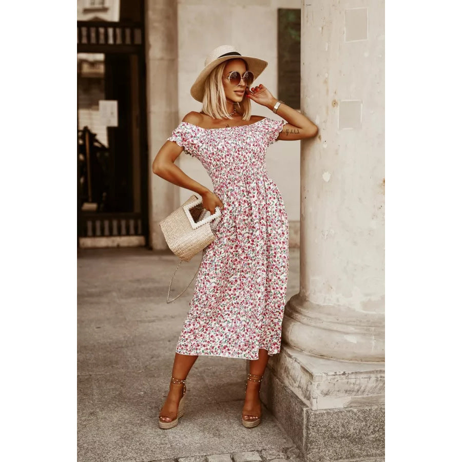 Floral Off Shoulder Midi Dress White / S Apparel and Accessories