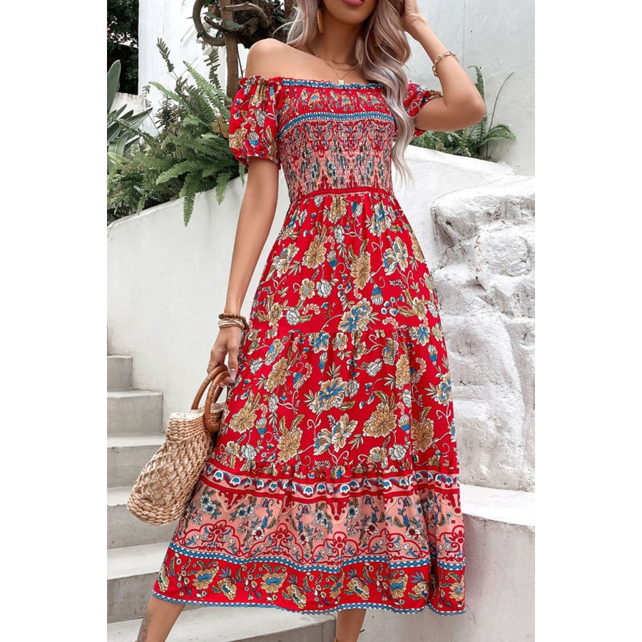 Floral Off-Shoulder Smocked Midi Dress Deep Red / S