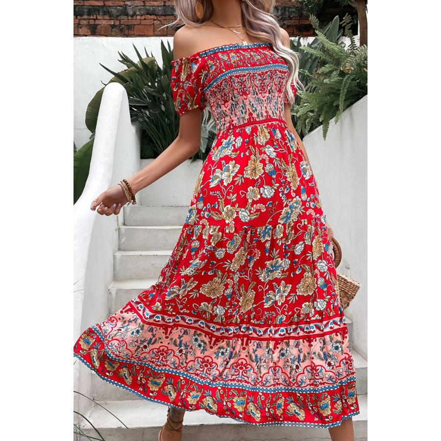 Floral Off-Shoulder Smocked Midi Dress