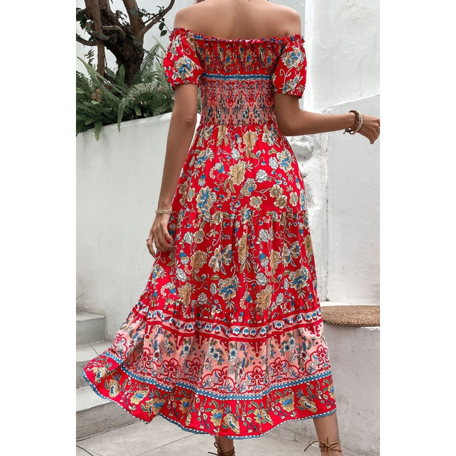 Floral Off-Shoulder Smocked Midi Dress