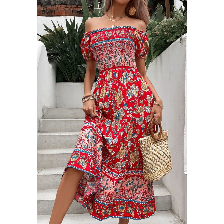 Floral Off-Shoulder Smocked Midi Dress