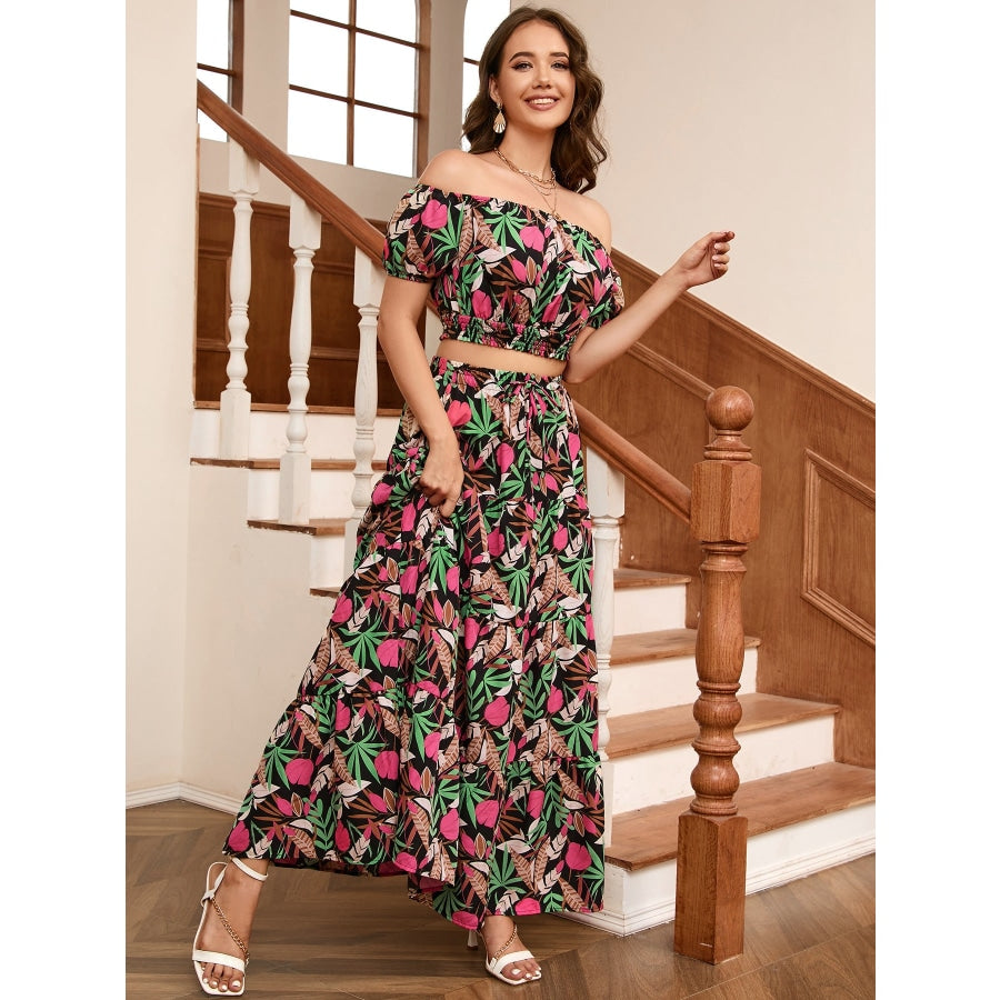 Floral Off-Shoulder Top and Maxi Skirt Set Multicolor / 2XL